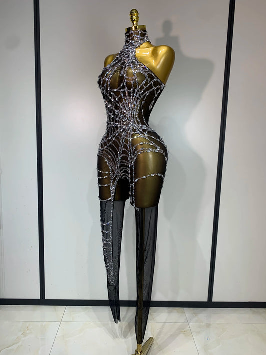Sparkly Diamond Women Sexy Mesh Jumpsuit Nightclub Bar Party Show Gogo Dancer Clothing Drag Queen Outfit Stage Costume