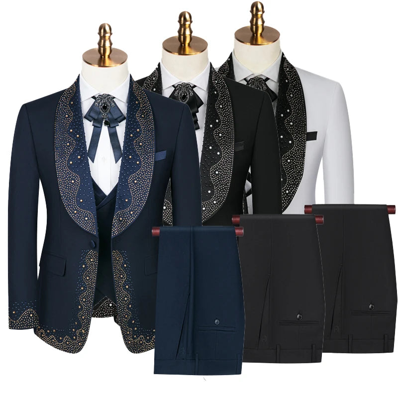 High-grade Light Luxury Mens Suits Set 3 Pieces, Wedding Host Banquet Performance Party Blazer Dress with Pants Vest