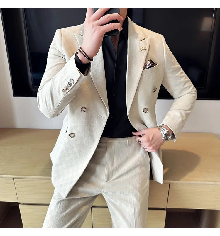 Elegant Double-Breasted Navy Checker Suit for Men – Custom Tailored Business & Wedding Attire, Stylish Formalwear Set