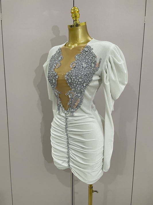 Luxury Sparkly Crystals Sexy Mesh White Velvet Short Dress Women Elegant Evening Prom Birthday Party Dresses Stage Costume