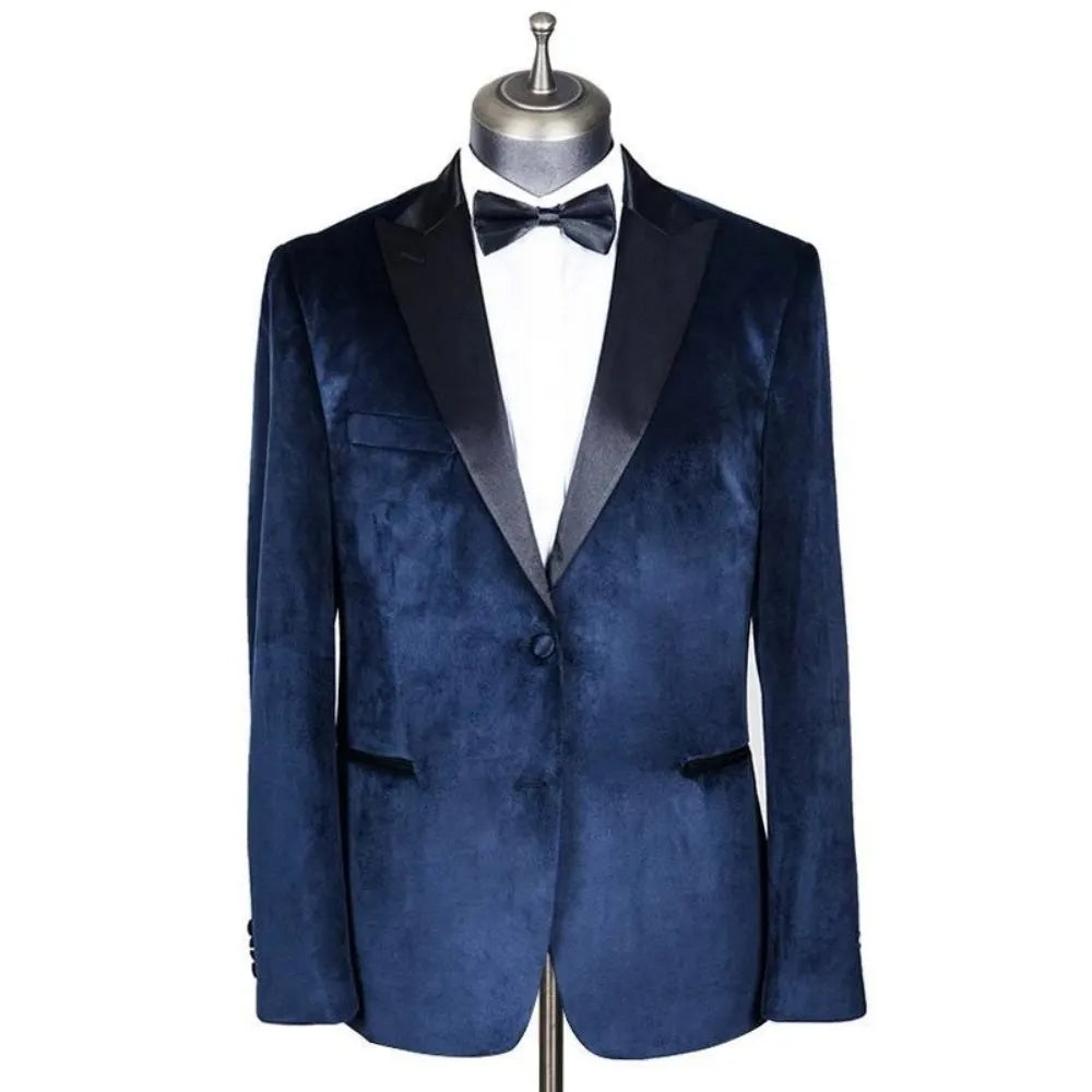 Men Suit Set Deep Blue Velvet Slim Blazers Business Formal Pants Coats Wedding Groom Jackets Homme Costume