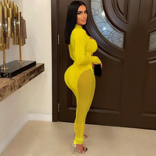 Mesh Patchwork Cut Out High Wais Long Sleeve Skinny Stretch Sexy Jumpsuit Hollow Out Night Club Women Overalls