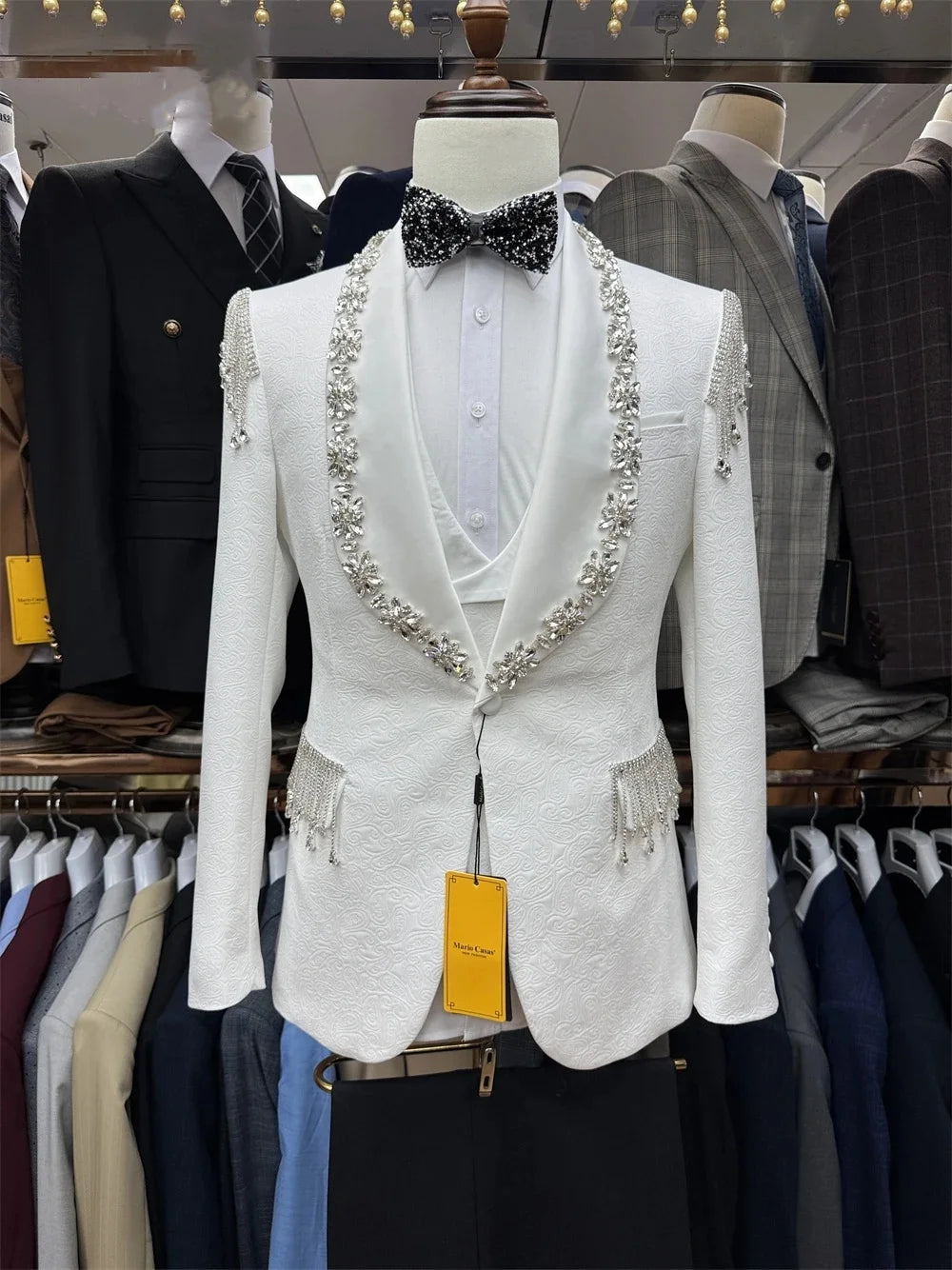 Luxury Crystal Men Suits Tailor-Made 2 Pieces Set Shawl Lapel Jacquard Jacket Tassel Blazer One-Button Customized Coat Pants