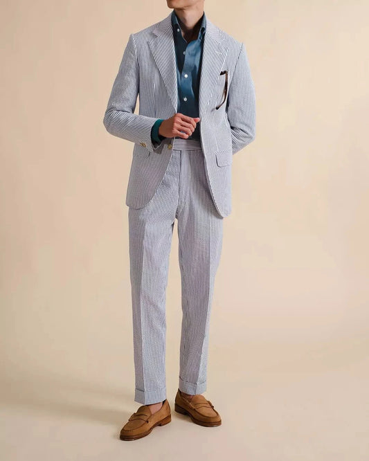 Classic Striped Mens Suits Slim Fit Business Blazer One Button Wedding Groom Tuxedos 2 Piece Set
