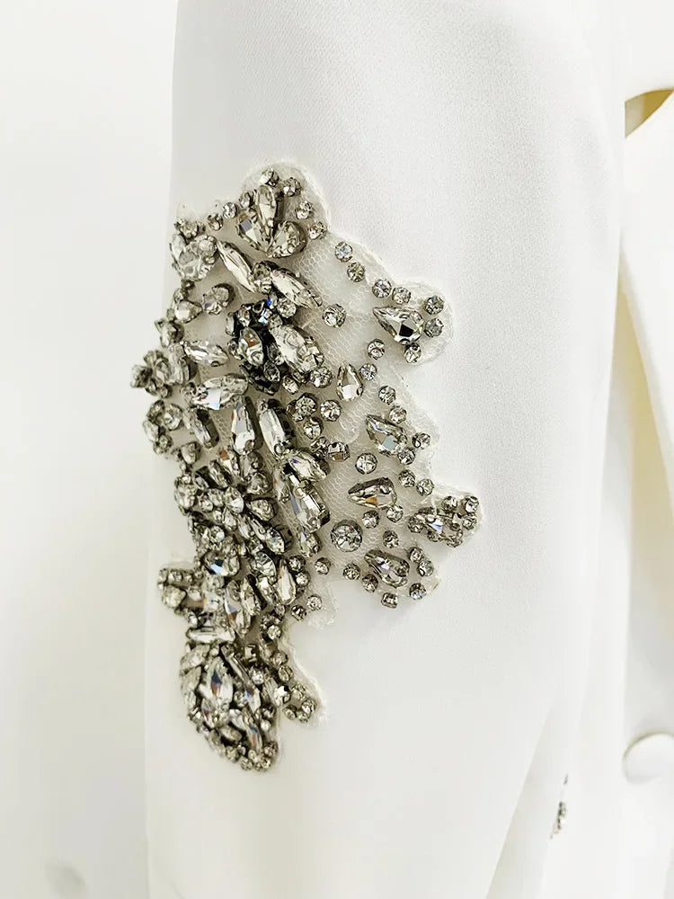 Designer Suit Women Beaded Diamonds Single Button Suit Blazer Wide-leg Pants Set 2PCS