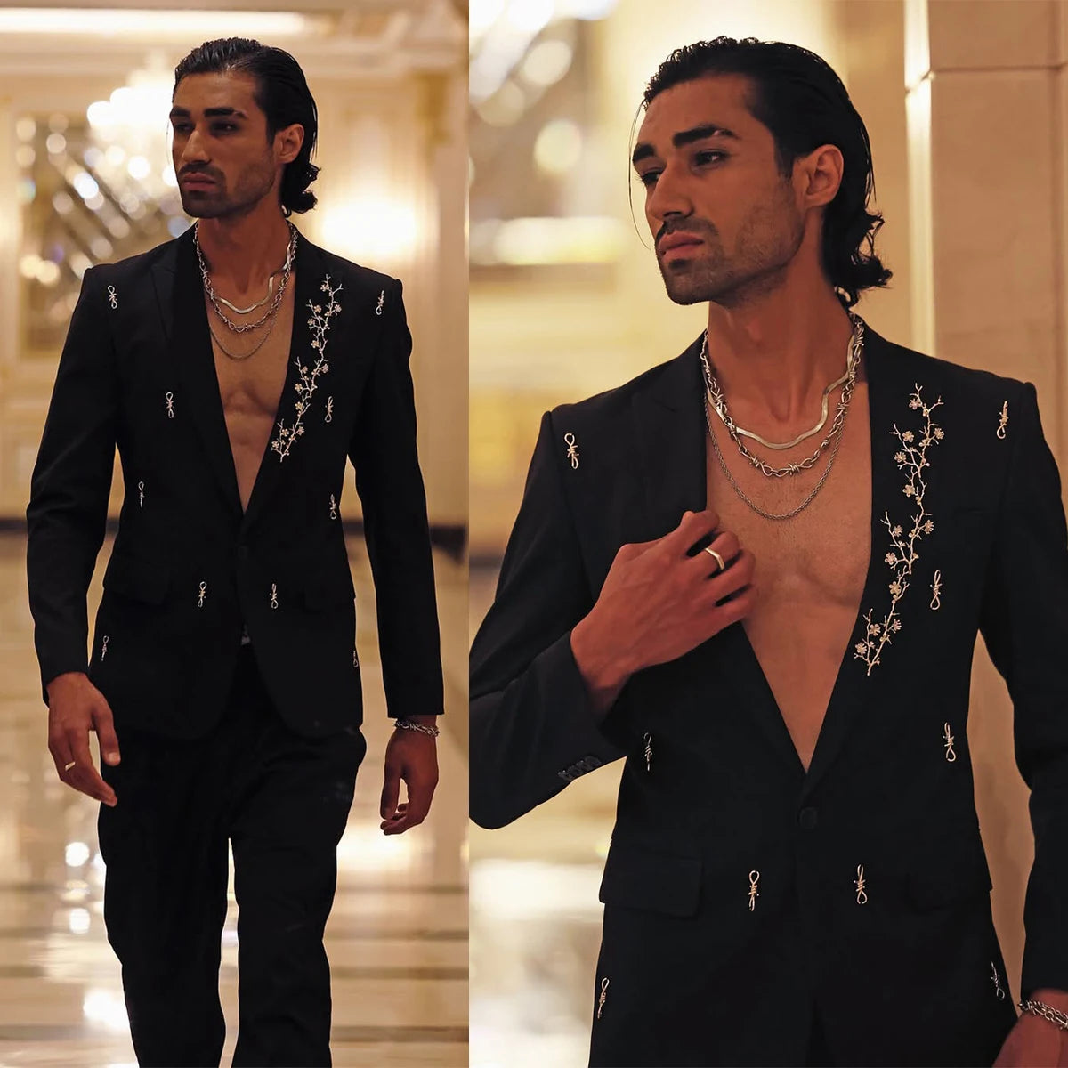 Stylish Men Suits Appliques Peaked Lapel Tailor-Made 2 Pieces Set Jacket Blazer One Button Groom Customized Coat Pants