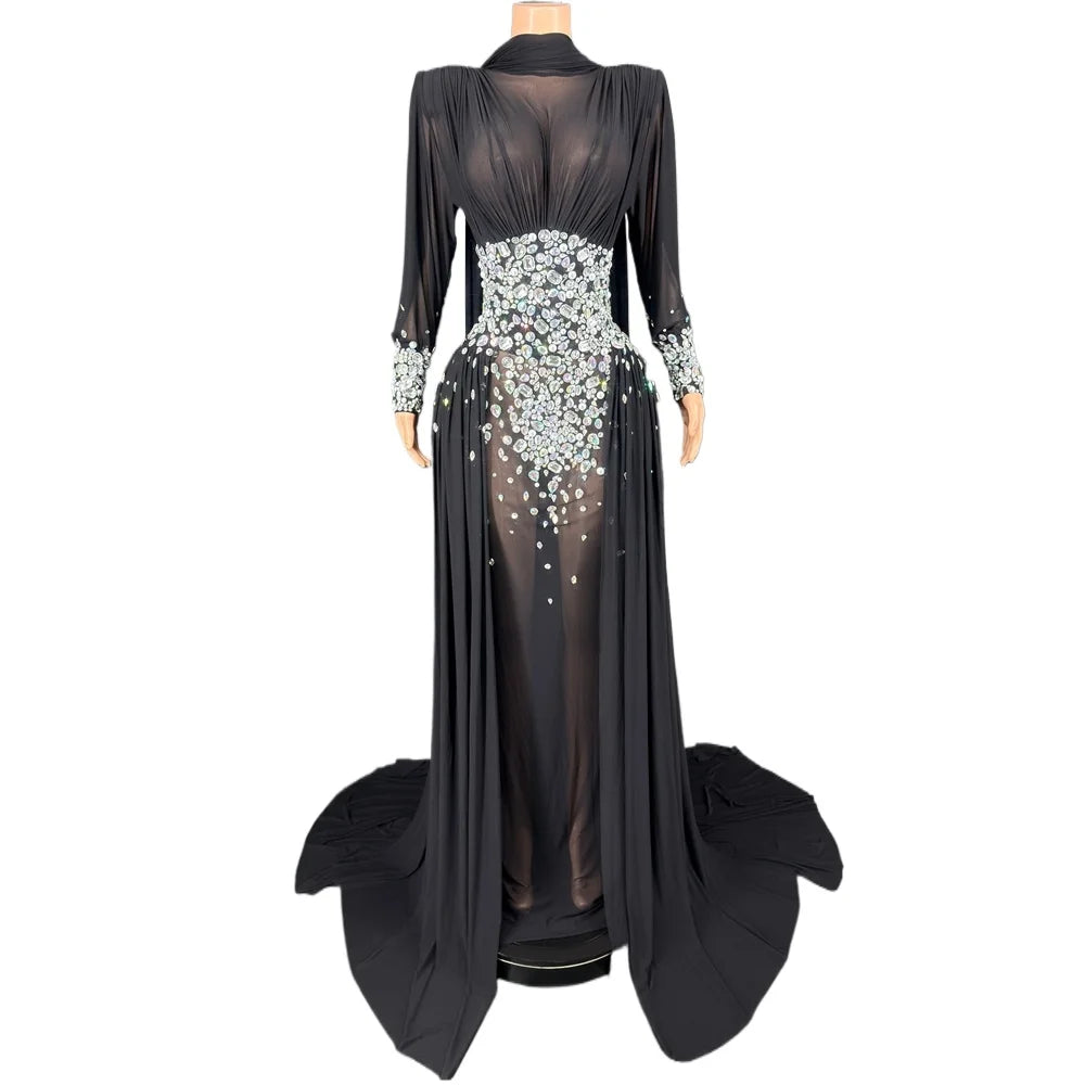 Elegant Rhinestones Long Dress for Women Sexy Mesh See Through Celebrate Evening Prom Birthday Dress Photo Shoot Wear