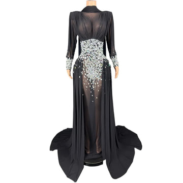 Elegant Rhinestones Long Dress for Women Sexy Mesh See Through Celebrate Evening Prom Birthday Dress Photo Shoot Wear