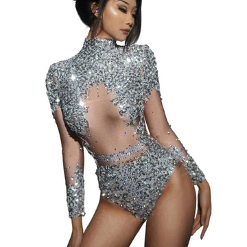 Body à paillettes et strass scintillants à manches longues pour femme, justaucorps de chanteuse, tenue de scène, de danse, de fête d'anniversaire, de rave