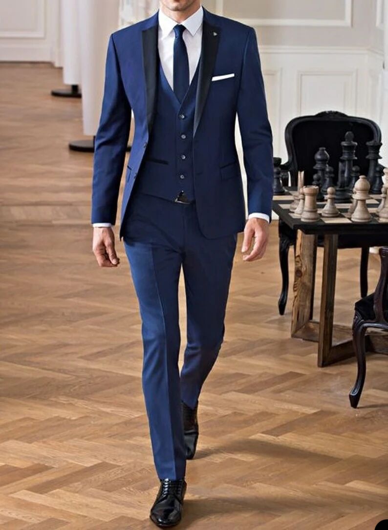 Blue Business Men Suits With Thin Three Pieces Jacket Vest Pants Custom Made Bridegroom Wedding Formal Occasiom