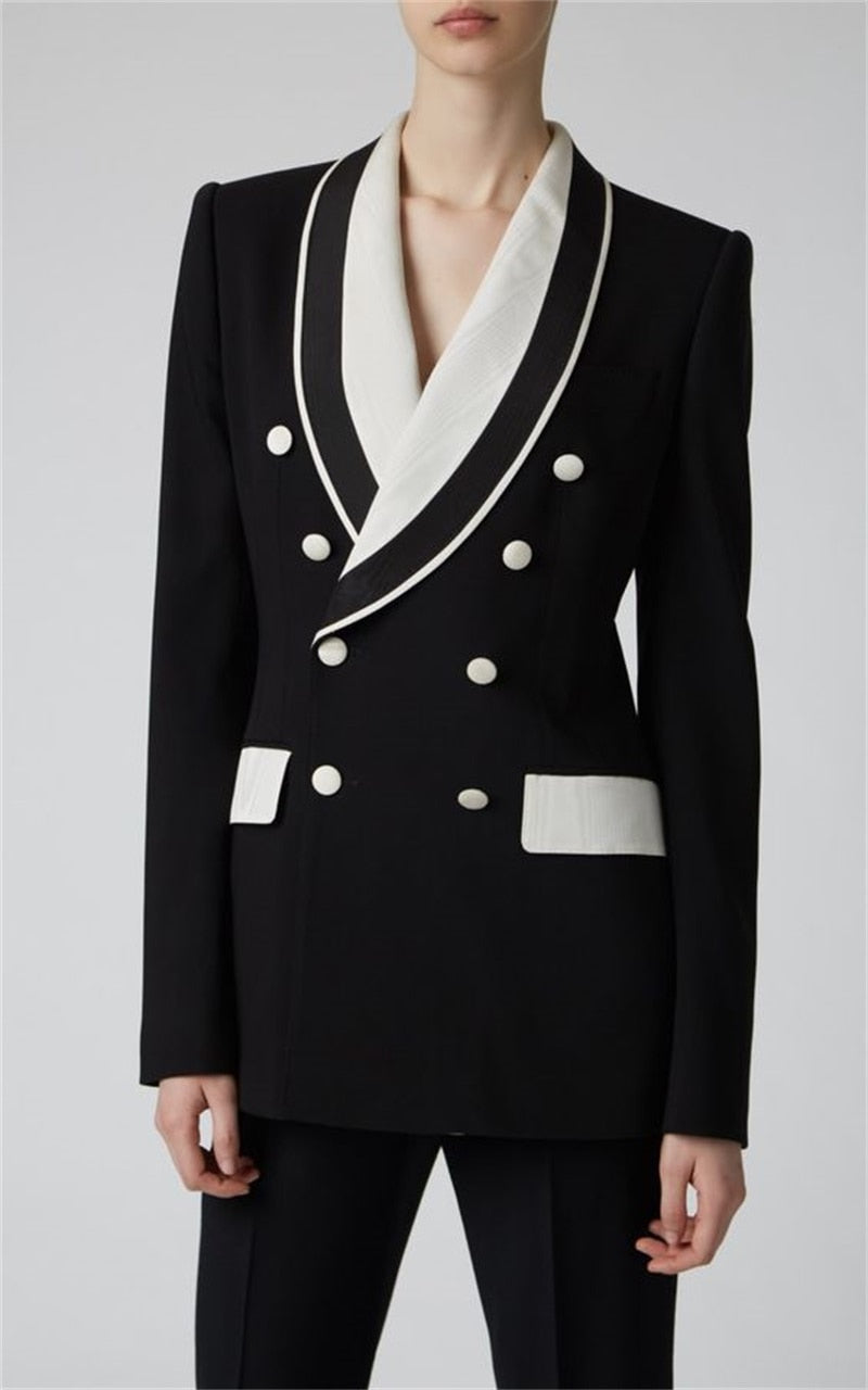 Costume de créateur pour femme, blazer, coutures colorées, croisé, formel, bureau, robe de bal, sur mesure, noir et blanc 