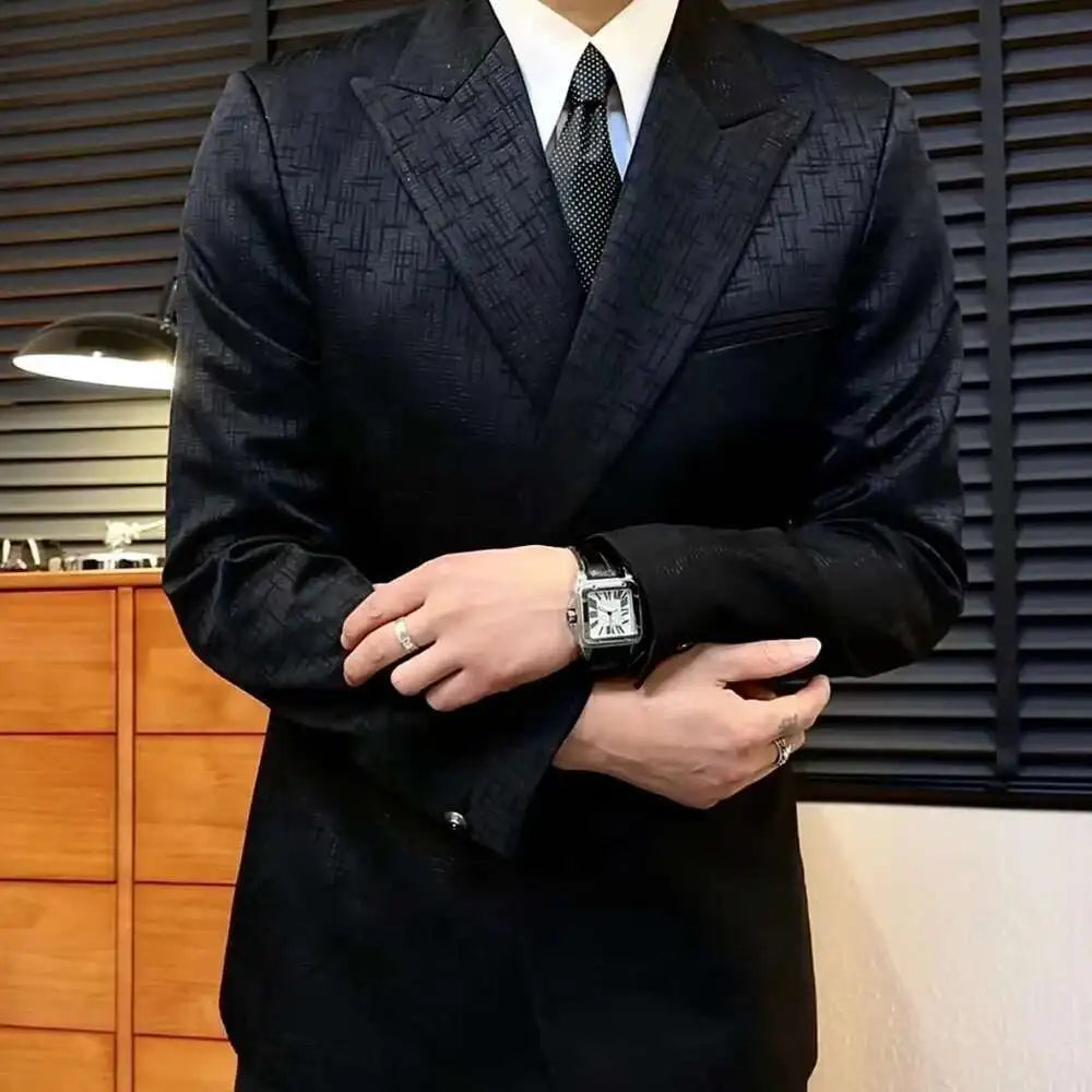 British Men Blazer Metal Buckle Belt Fashion Jacket Wedding Business Dress Coat Social Banquet Tuxedo Costume Groom Wedding Suit