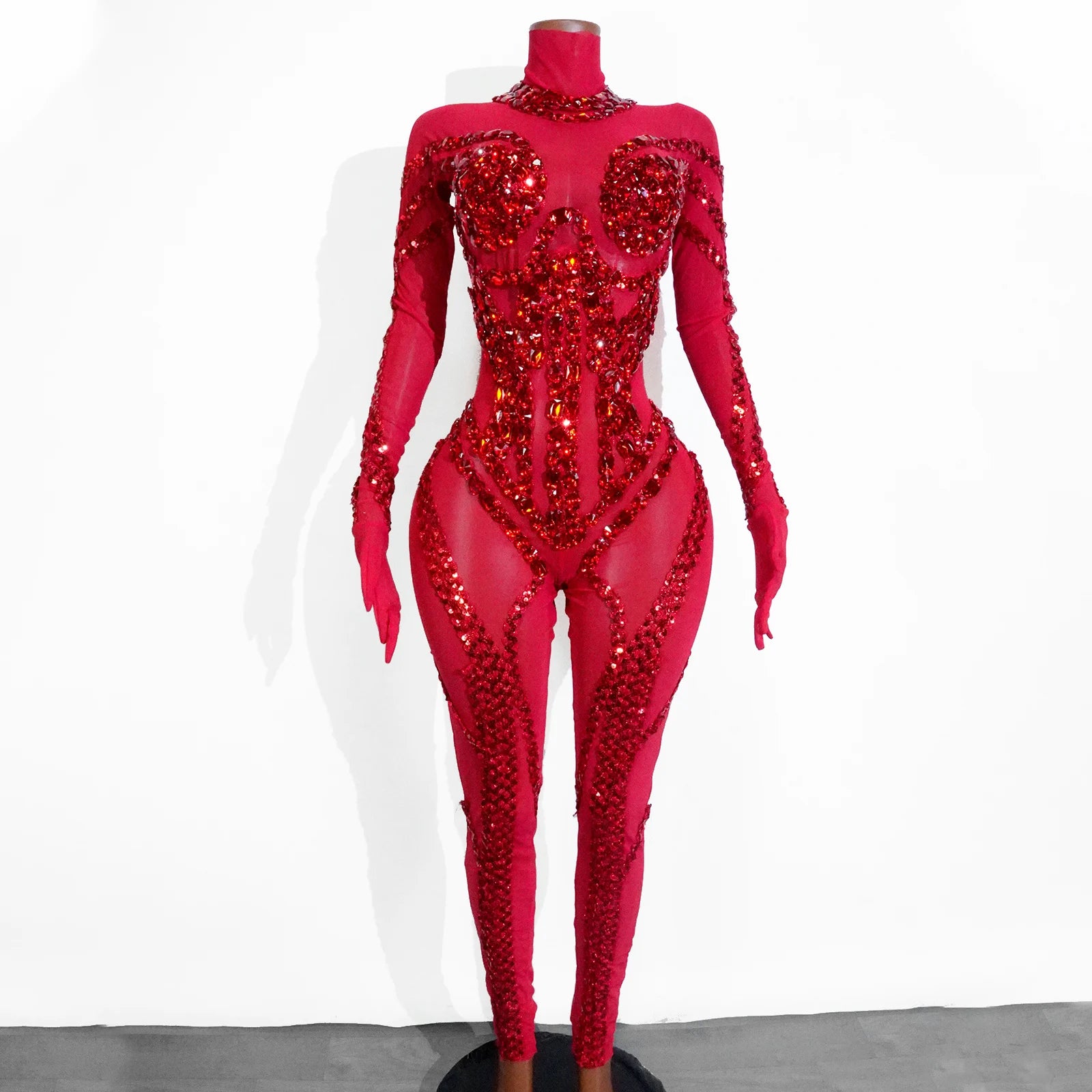 New Red Sexy Sparkle Full Crystal Mesh Jumpsuit Woman Luxury Sequin Dj Club Party Birthday Leotard Drag Queen Dance Outfits