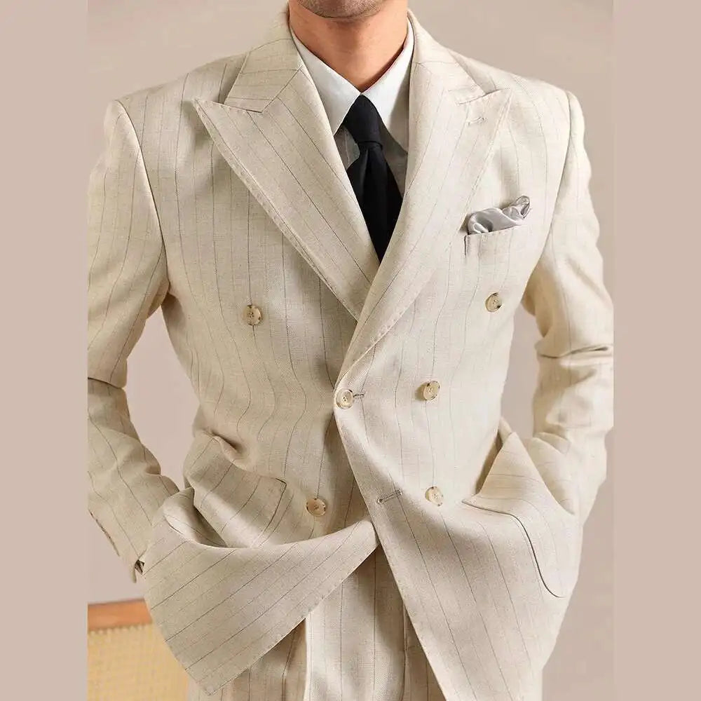 Luxury Stripe Business Suits for Men Double Breasted Formal Casual Dress Suits 2 Pieces Elegant Costume Homme Men Tuxedo Suit