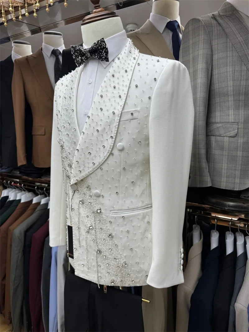 Crystals Beading White Men Suit Set 2 Piece Blazer+Black Pant Trousers Customized Formal Office Jacket Groom Wedding Tuxedo Coat