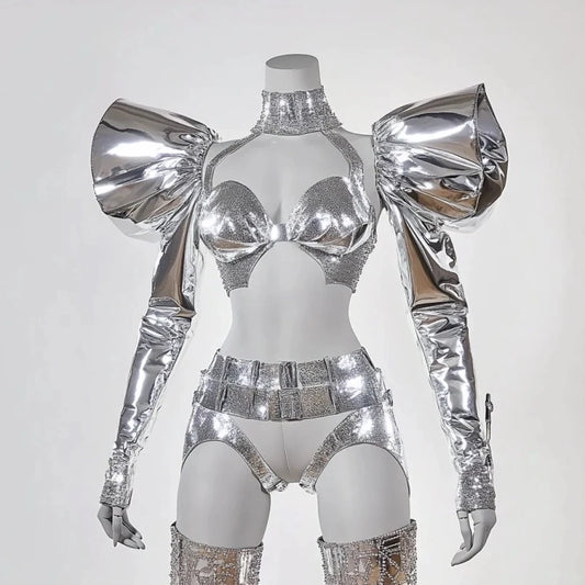 Tech Style Silver Sequins Gogo Costume Bar Nightclub Ds Dj Party Outfit Women Pole Dance Clothing Stage Festival Wear