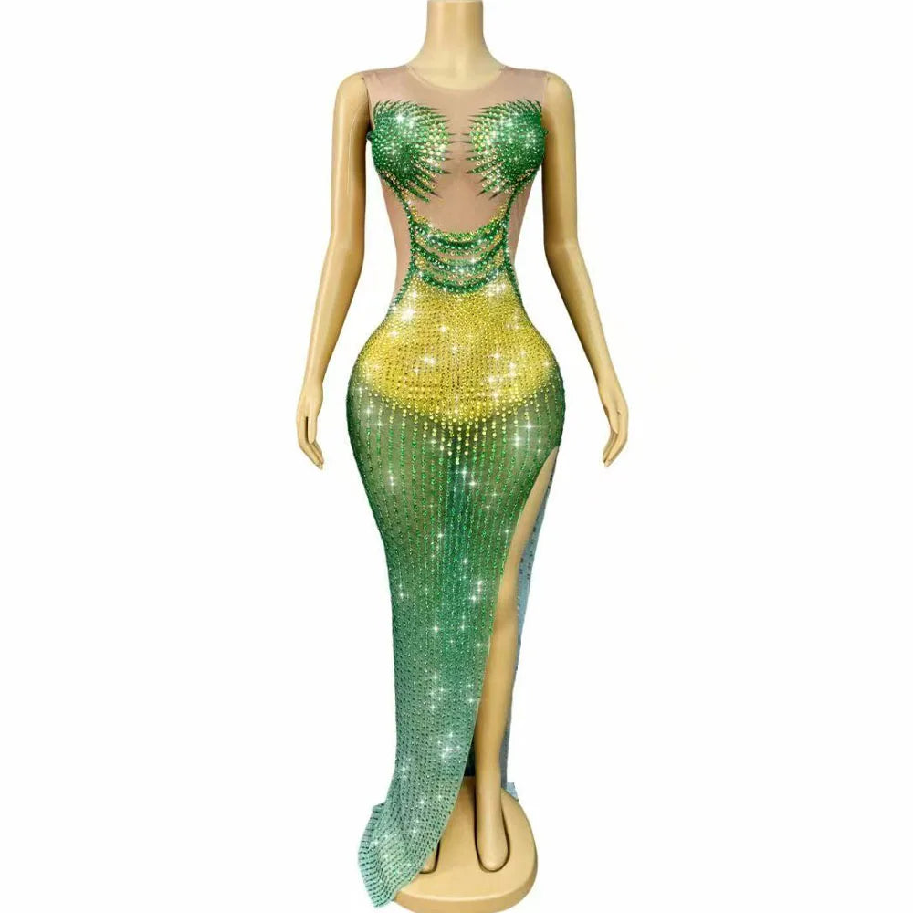Sparkly Rhinestones Sleeveless Long Dress Women Sexy Mesh Transparent Birthday Celebrate Party Dress Photoshoot Stage Wear