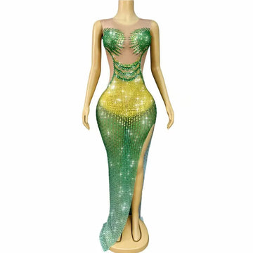 Sparkly Rhinestones Sleeveless Long Dress Women Sexy Mesh Transparent Birthday Celebrate Party Dress Photoshoot Stage Wear