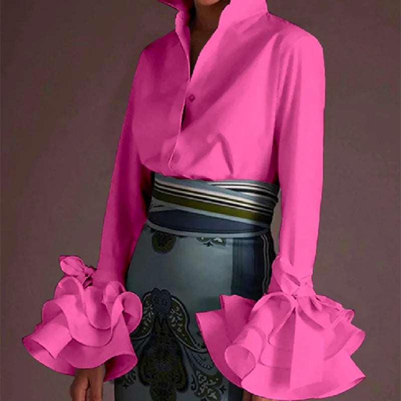 Women Elegant Flared Sleeves Falbala Blouses New Spring Autumn Black White Color Casual Office Lapel Shirts Tops