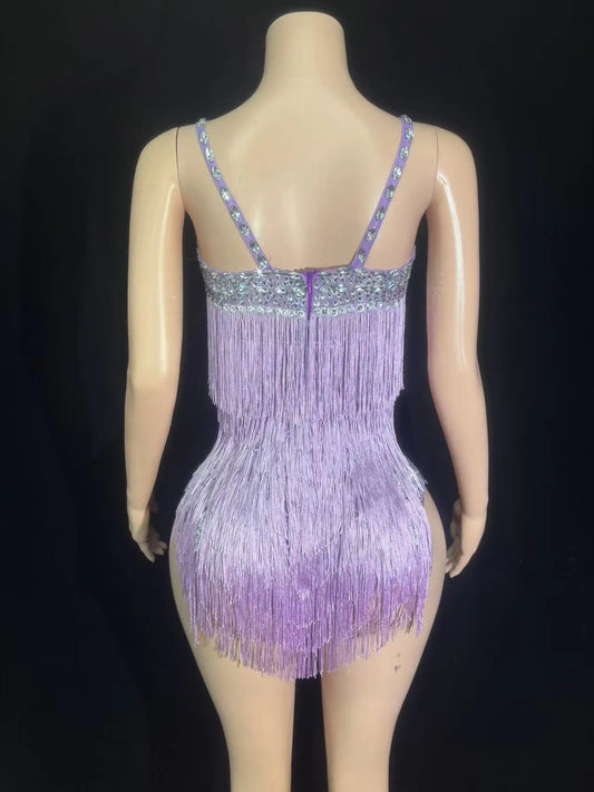 Sparkly Rhinestones Tassels Bodysuit Women Sexy V Neck Slip Birthday Performance Dance Costume Singer Dancer Show Stage Wear