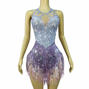 Sexy Luxurious Birthday Celebrate Rhinestones Purple Pink Tassels Sequins Fringes Sleeveless Bodysuit Photoshoot Stage Wear