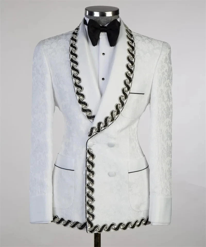 Modern Men Suits Jacquard Tailor-Made 2 Pieces Set Shawl Lapel Jacket Beading Blazer Double Breasted Groom Customized Coat Pants
