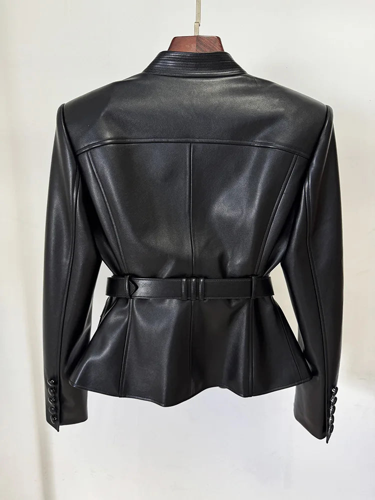 Designer Jacket Women's Belt Slim Fitting Leather Button Pocket Decoration Artificial Leather Blazer
