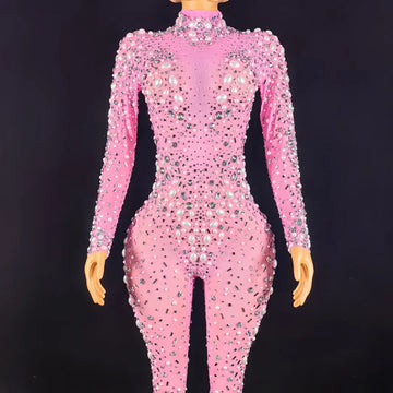Mono Mujer Sexy Pearls Sequin One Piece Bodysuit Club Rompers Women Music Festival Outfits Ladies Skinny Rhinestone Jumpsuits