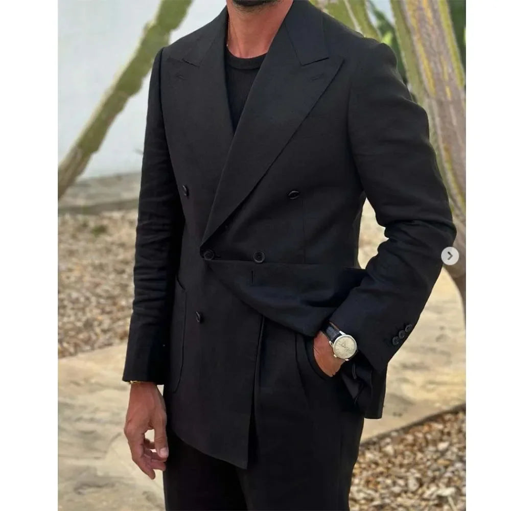 Costume croisé noir à revers pointus pour hommes, coupe ajustée, mode formelle, chic, décontracté, 2 pièces, costume de smoking pour bal de promo, fête, mariage