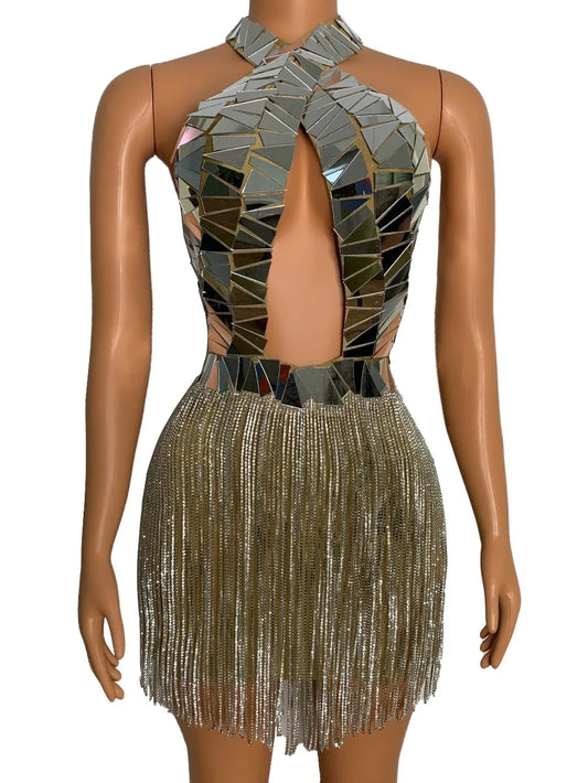 Silver Mirror Crystal Tassel Dress Women Celebrity Evening Celebrate Party Birthday Short Dress Bar Singer Costume