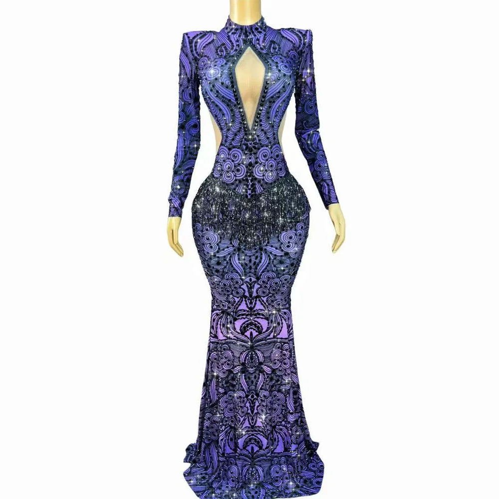 Sexy High-end Purple Shining Rhinstones Fringes Trim Fit Dress Evening Red Carpet Gowns Fashion Show Photoshoot Stage Outfit