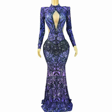 Sexy High-end Purple Shining Rhinstones Fringes Trim Fit Dress Evening Red Carpet Gowns Fashion Show Photoshoot Stage Outfit