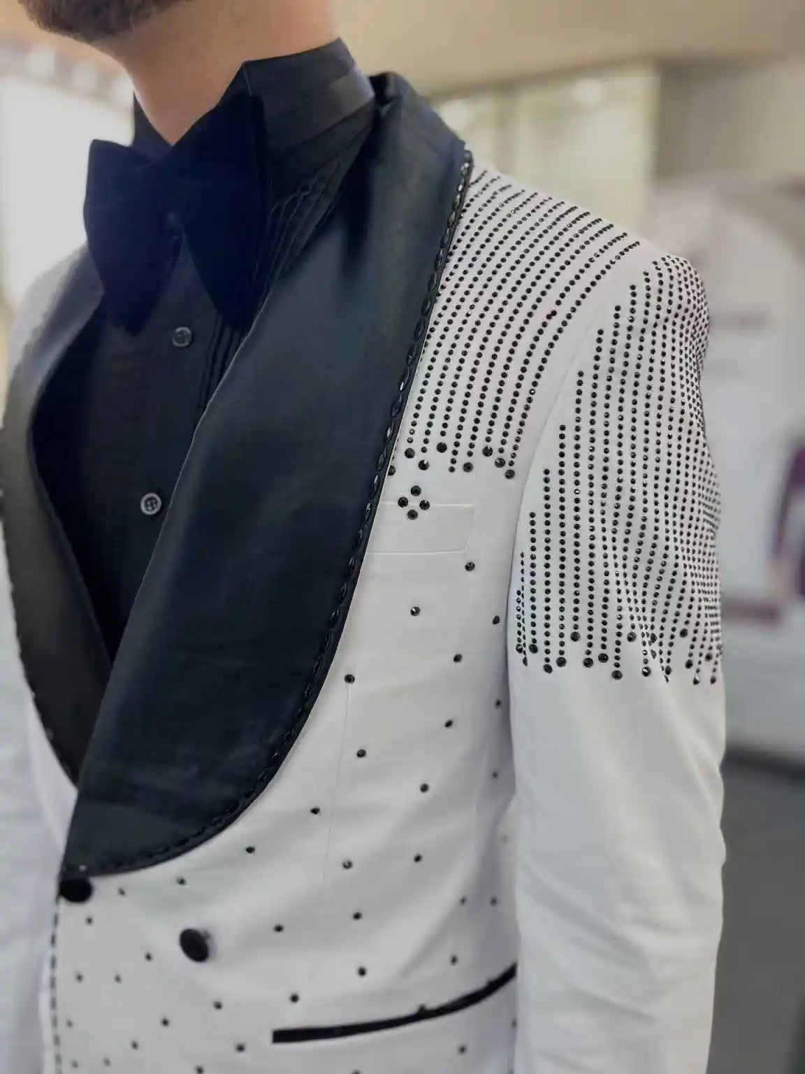 White Men Suit Set 2 Piece Blazer+Black Pants Trousers Luxury Crystal Customized Formal Office Jacket Groom Wedding Prom Coat