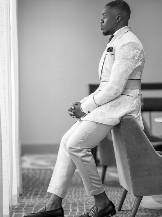 Fashion Men's Suit Jacquard Tailor-Made 2 Pieces Set Jacket Shawl Lapel Blazer Double Breasted Groom Customized Coat Pants