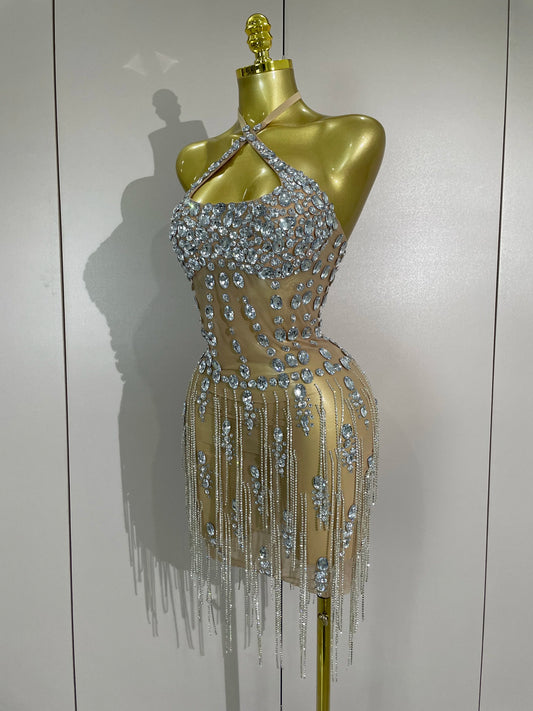 Women Evening Birthday Party Gowns Luxury Diamonds Chain Sexy Halter Mesh See Through Short Dress  Nightclub Singer Stage Outfit
