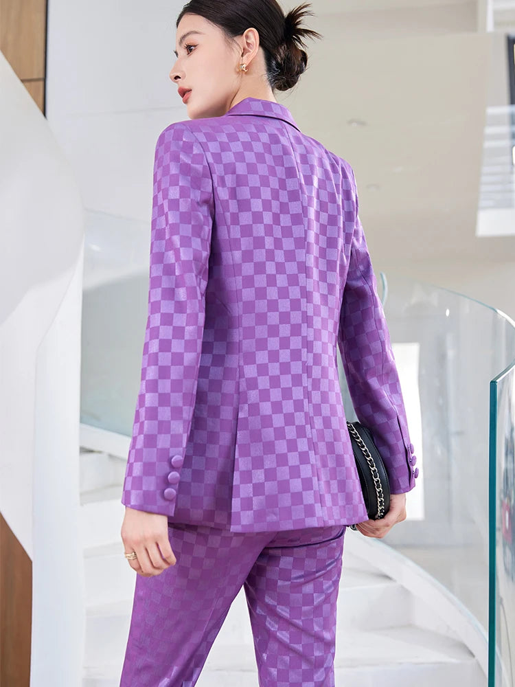 Fashion Ladies Formal Pant Suit Women Purple Pink Black Plaid Jacket and Trouser Female Business Work Wear 2 Piece Blazer Set