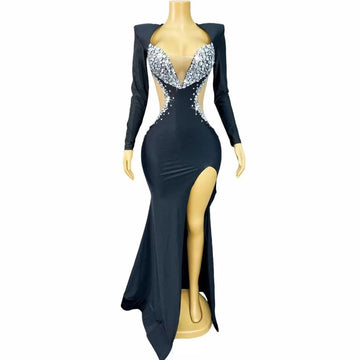 Women Luxury Rhinestones Gown Elegant High Split Long Dress Evening Cocktail Party Blingbling Outfit Photoshoot Stage Wear