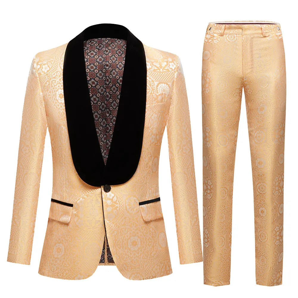 Conjunto de traje de jacquard para hombre, franela verde, cuello de fruta, chaqueta de dos piezas multicolor 