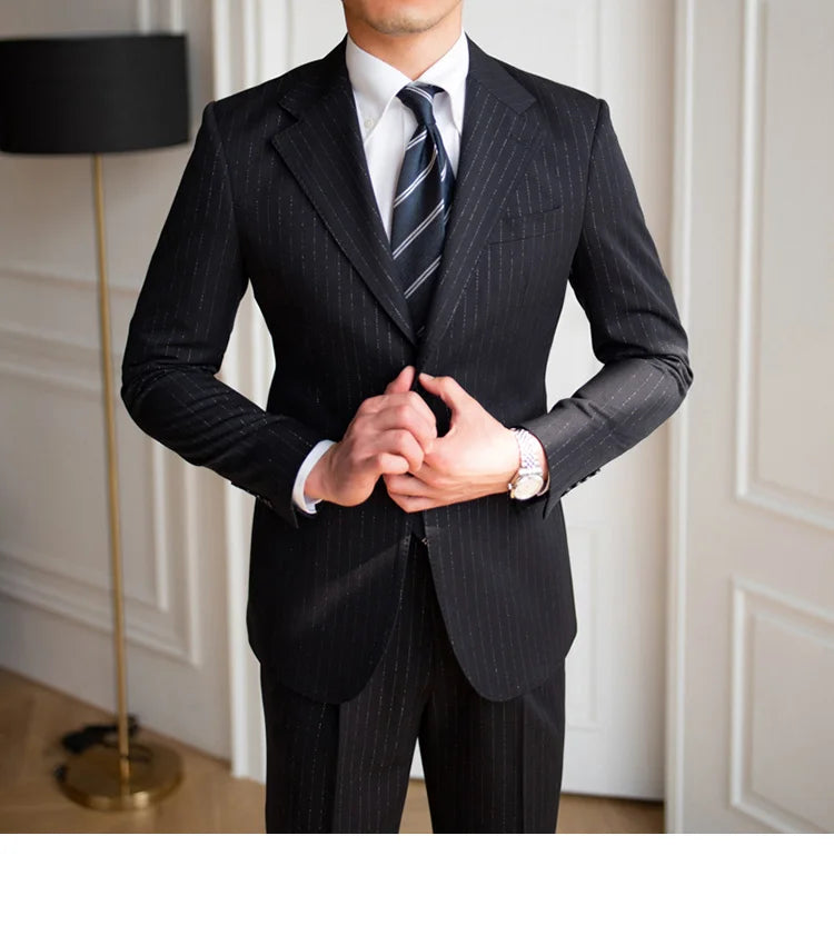 Traje de novio a rayas brillantes para banquete, para hombre, de un solo pecho, de 2 piezas, para fiesta de boda, entallado, para hombre