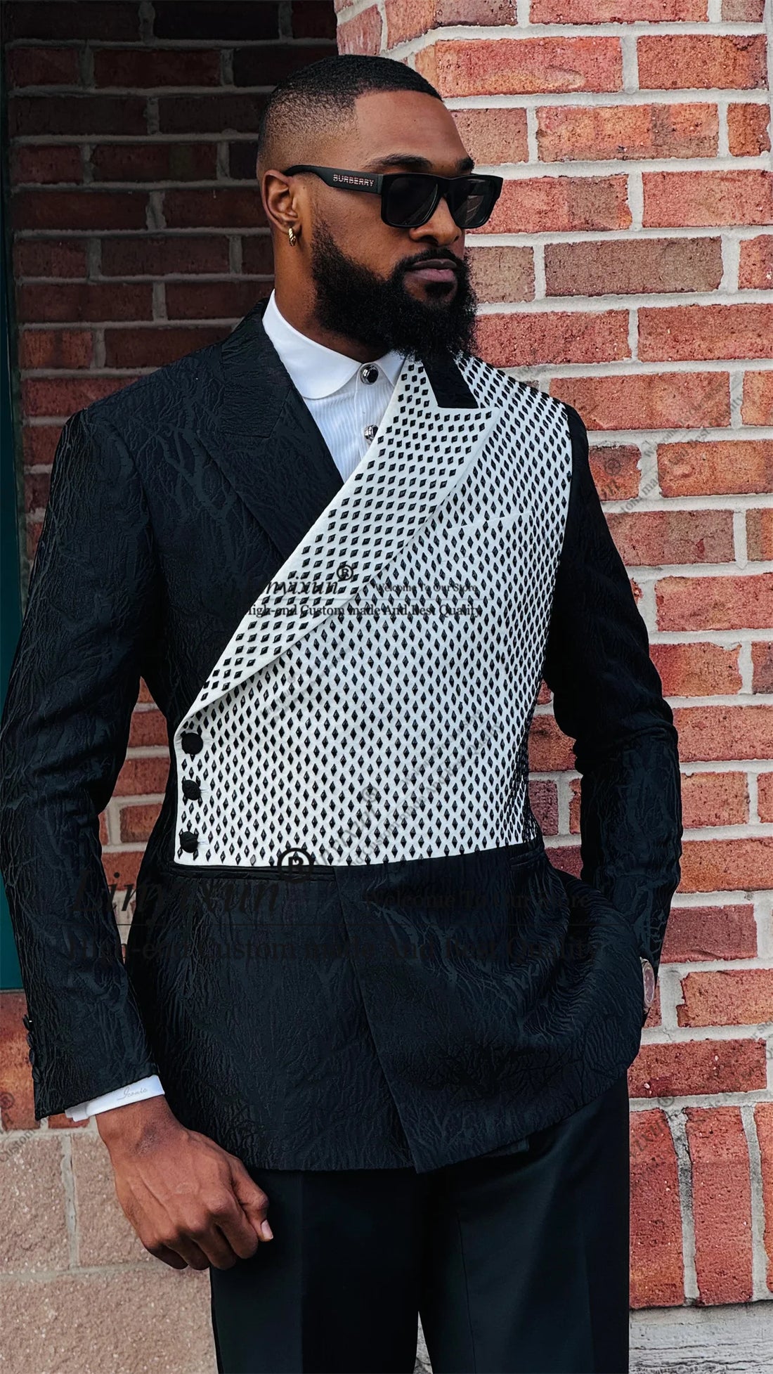 Handsome Beaded Diamond Men Suits 2 Pieces Wedding Groom Tuxedo Slim Fit Jacquard Male Prom Blazer Customized