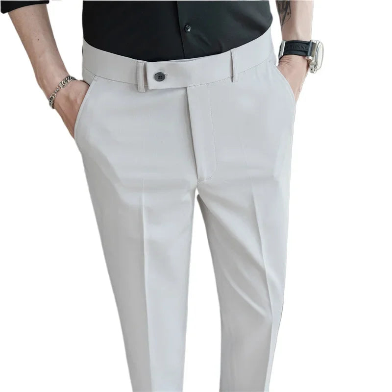 Thin White Elastic Nine Cent Suit Pants for Men,gray Blue Four-side Elastic Comfortable Drape Men's Casual Trousers
