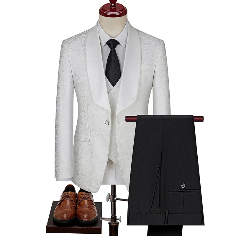Men's British Style Business Casual Three-Piece Suit Vest Trousers High-Density Jacquard Wedding Dress
