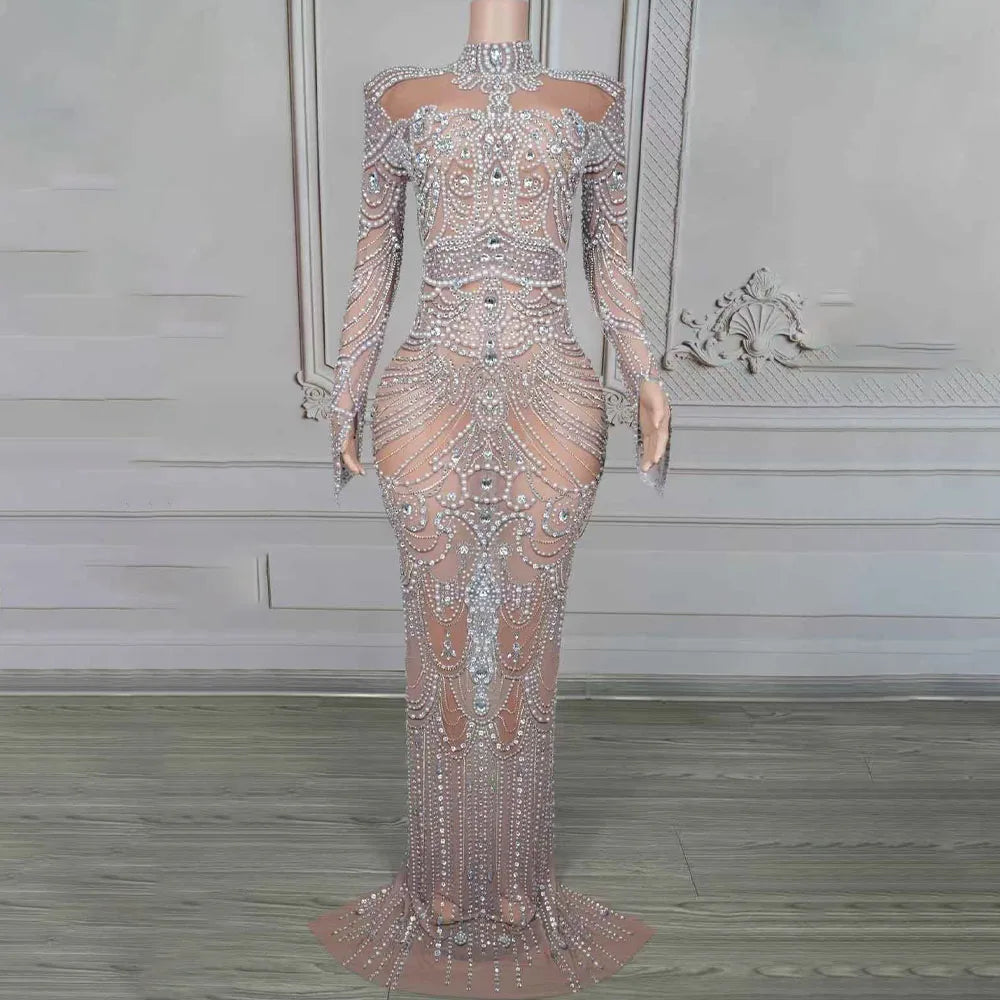 Elegant Crystals Pearls Long Dress Women Sexy SeeThrough Mesh Evening Dress Birthday Celebrate Wedding Photoshoot Stage Wear