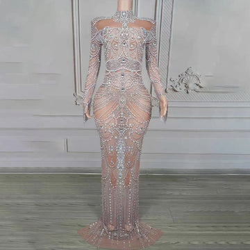 Elegant Crystals Pearls Long Dress Women Sexy SeeThrough Mesh Evening Dress Birthday Celebrate Wedding Photoshoot Stage Wear