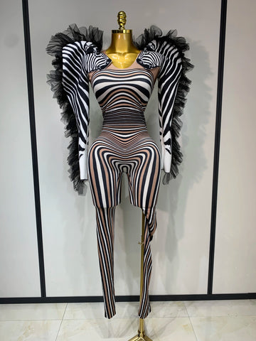 Women Long Sleeve Zebra Stripes Bodycon Jumpsuit Two Piece Set Birthday Party Nightclub Stage Performance Halloween Rompers