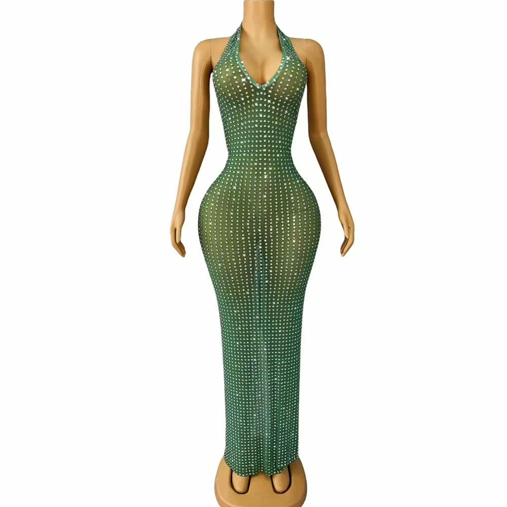 Sexy Blingbling Rhinestones Halterneck Gown V-neck Backless Dress Women Evening Prom Party Outfit Stage Photoshoot Costume