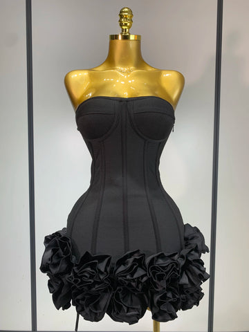 Women Evening Bandage Dress Strapless Bodycon Flowers Mini Celebrity Sexy Birthday Party Dresses Photo Shoot Nightclub Outfit