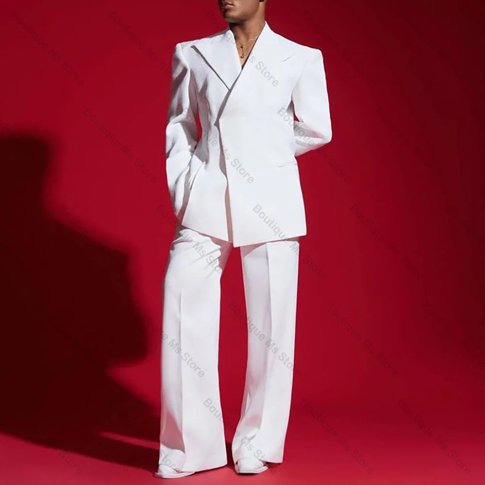 Handsome White Single Button Men Suit Two Pieces(Jacket+Pants) Outfits Casual Party Prom Wedding Set