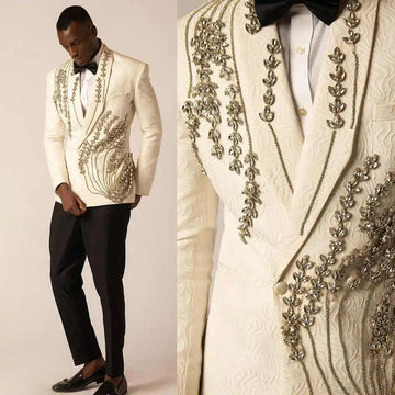 Sparkly Wedding Groom Tuxedos 2 Pieces Blazer Pants Crystal Beading  Formal Party Special Occasion Men Suit Customized