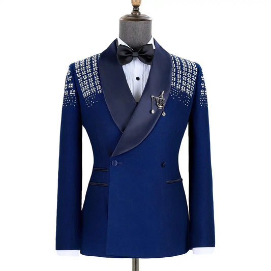 Fashion Men‘s Wedding Suits Shawl Lapel Blazer Rhinestone 2 Pieces Set Tuxedo Coat Double Breasted Customized Jacket Pants